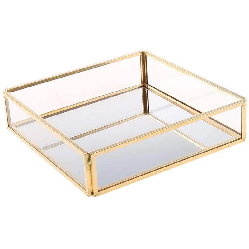 Golden Geometric Mirror Jewelry Tray, Cosmetics Jewelry Glass Storage Tray, Jewelry Crafts (Random Style)