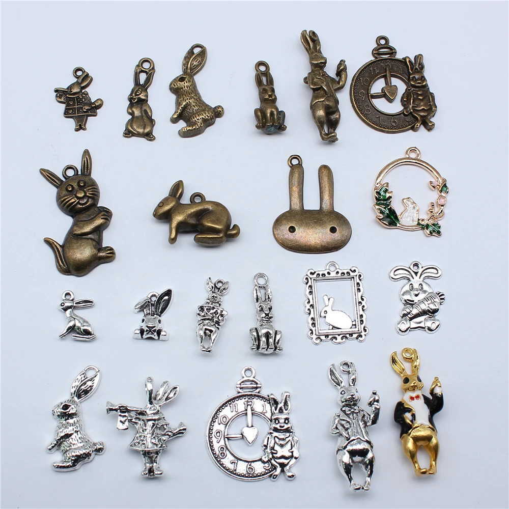 10pcs Clock Rabbit Charms For Jewelry Making Antique Bronze Silver Color Pendants Making DIY Handmade Tibetan Fit Jewelry