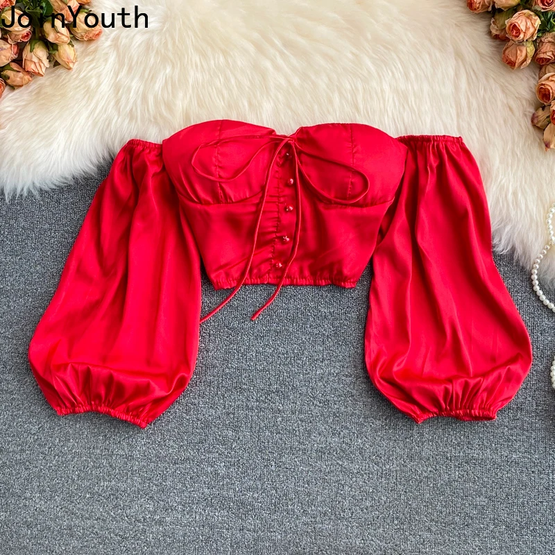 Sexy Crop Tops Blouses Women Long Sleeve Slash Neck Off Shoulder Shirts 2024 Blusas Mujer De Moda Fashion Folds Summer Blouse