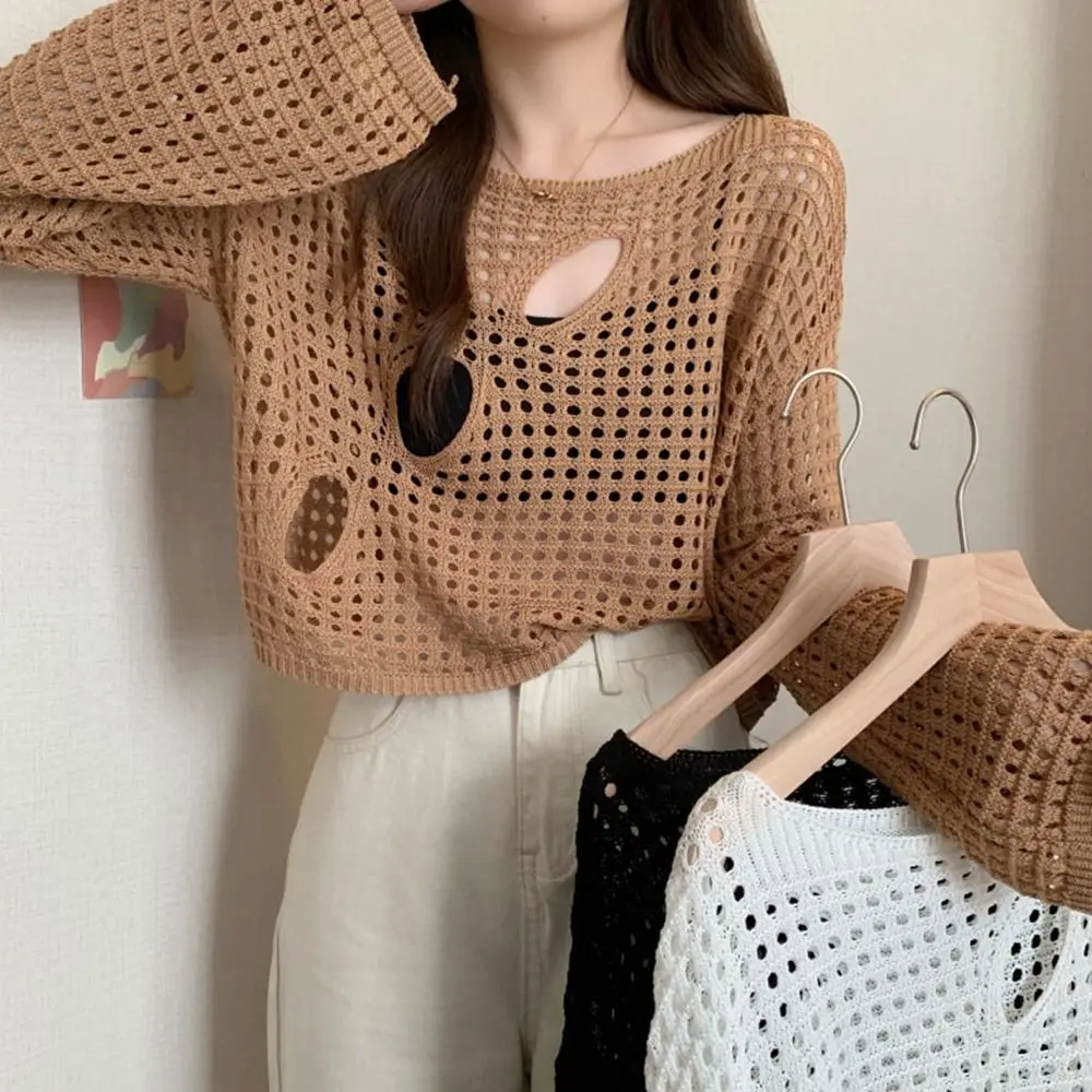 

Hollow-out Hollow-out Blouses New Knit Round Neck Knitwear Tops Long Sleeve Thin Fishnet Pullover Women