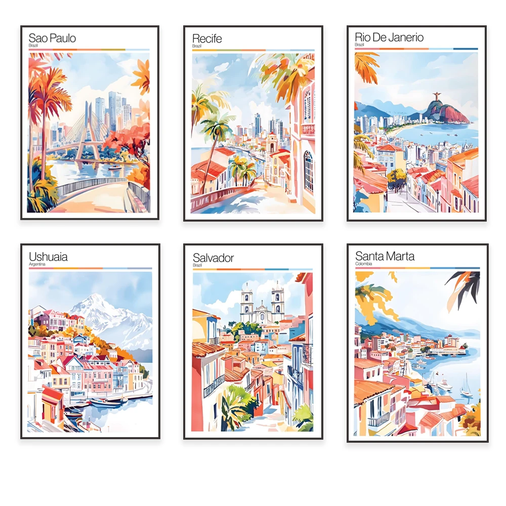 Buenos Aires, Bariloche, Cordoba, Ushuaia, Sao Paulo, Rio de Janeiro, Salvador Brazil, Montevideo, Quito Ecuador travel posters