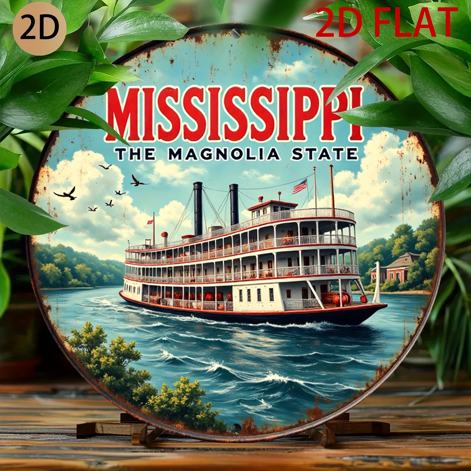 Vintage Mississippi Riverboat Metal Wall Art - Circular Tin Sign with Rustic Americana Design, No Frame Needed, Easy Hook Instal