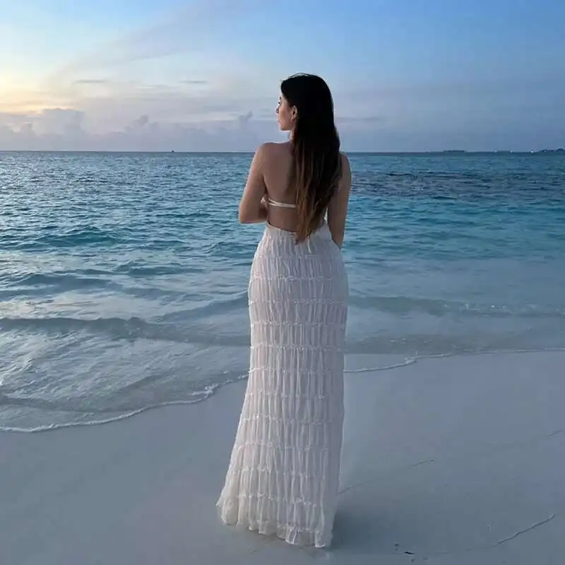 Women's Sexy Halter High Waist Beach Robe Fashion Hollow Backless Party Dresses Summer Seaside Vacation Pleated Long Dress