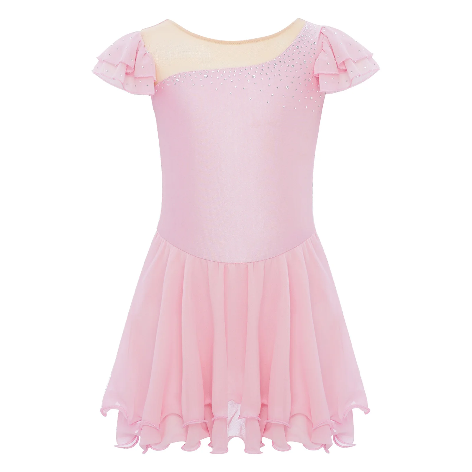 Robe de Ballet pour enfants filles, strass brillants, manches à volants, maille transparente, Patchwork, ourlet de laitue, robe Tutu, concours de danse de ballerine