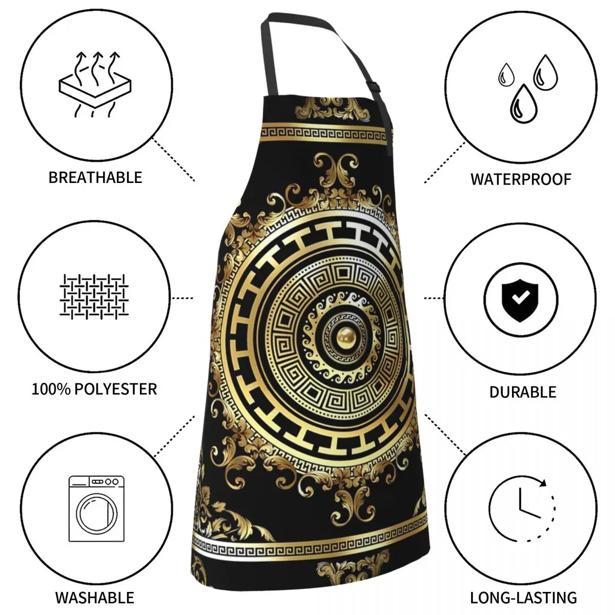 المفاتيح اليونانية الذهب الأسود ميدالية متعرج الباروك مآزر الشيف الطبخ المطبخ Tablier تنظيف المطبخ بينافور للنساء الرجال #5
