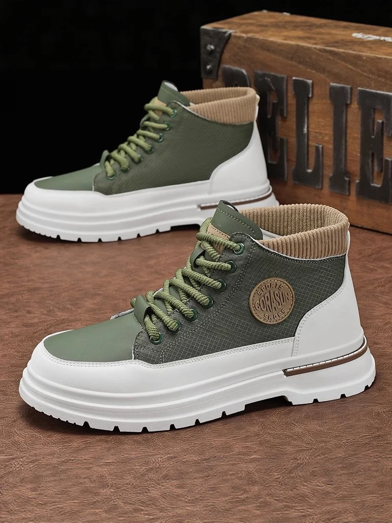 

Men's High-Top Boots Casual Sports Thick Bottom Mid-Cut Leather Surface Workwear Shoes Large Size Comfortable