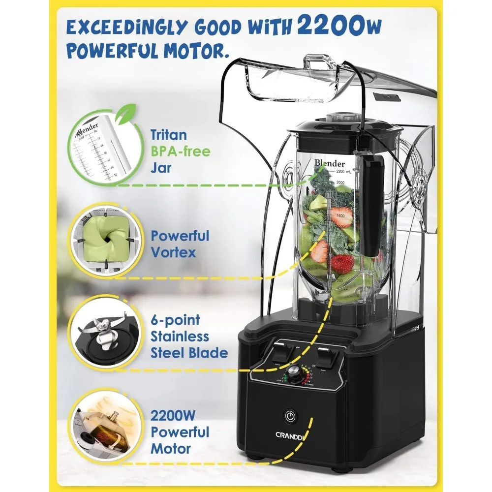 Cichy blender komercyjny z dźwiękoszczelną osłoną, profesjonalne blendery kuchenne o mocy 2200 W z słoikiem o pojemności 80 uncji i samoczyszczącym