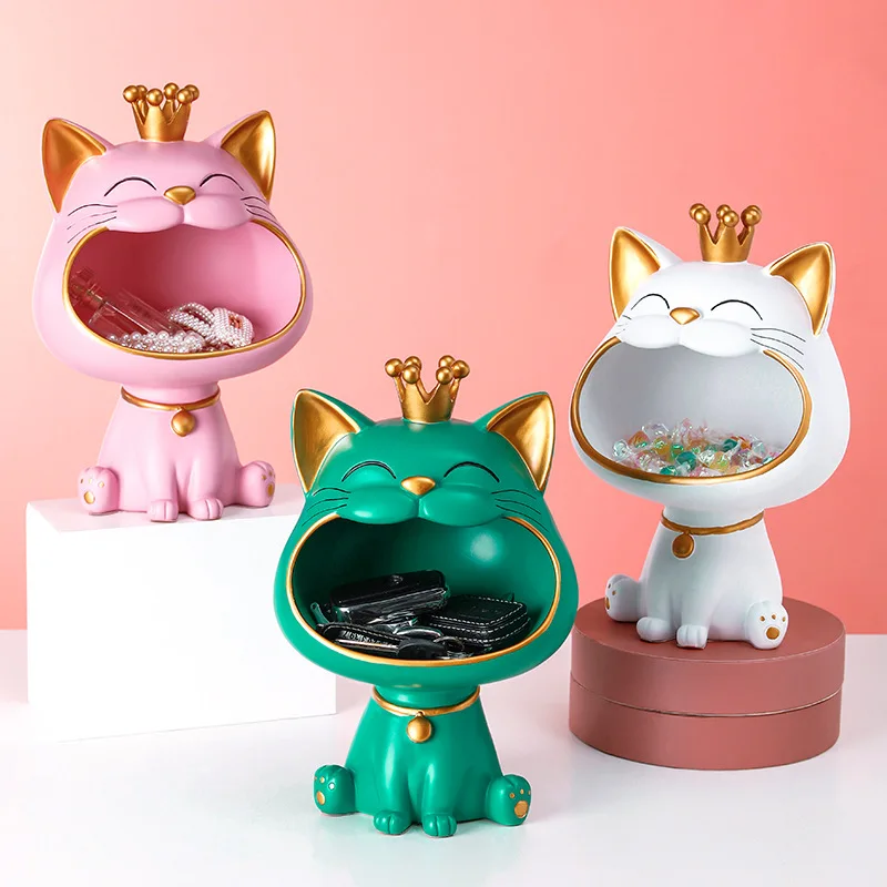 Cartoon Lucky Cat Statue Sculpture Fortune Cat Storage Tray Snack Jar Candy Chocolates Storage Basket TV Cabinet Home Decor