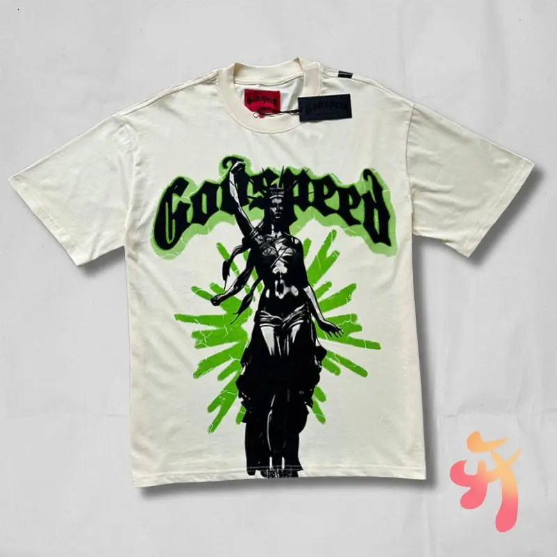 

High Quality Cotton Breathable Leisure Godspeed T-shirts Retro Crown Goddess Print Round Neck Short Sleeve Loose Men Women Tops