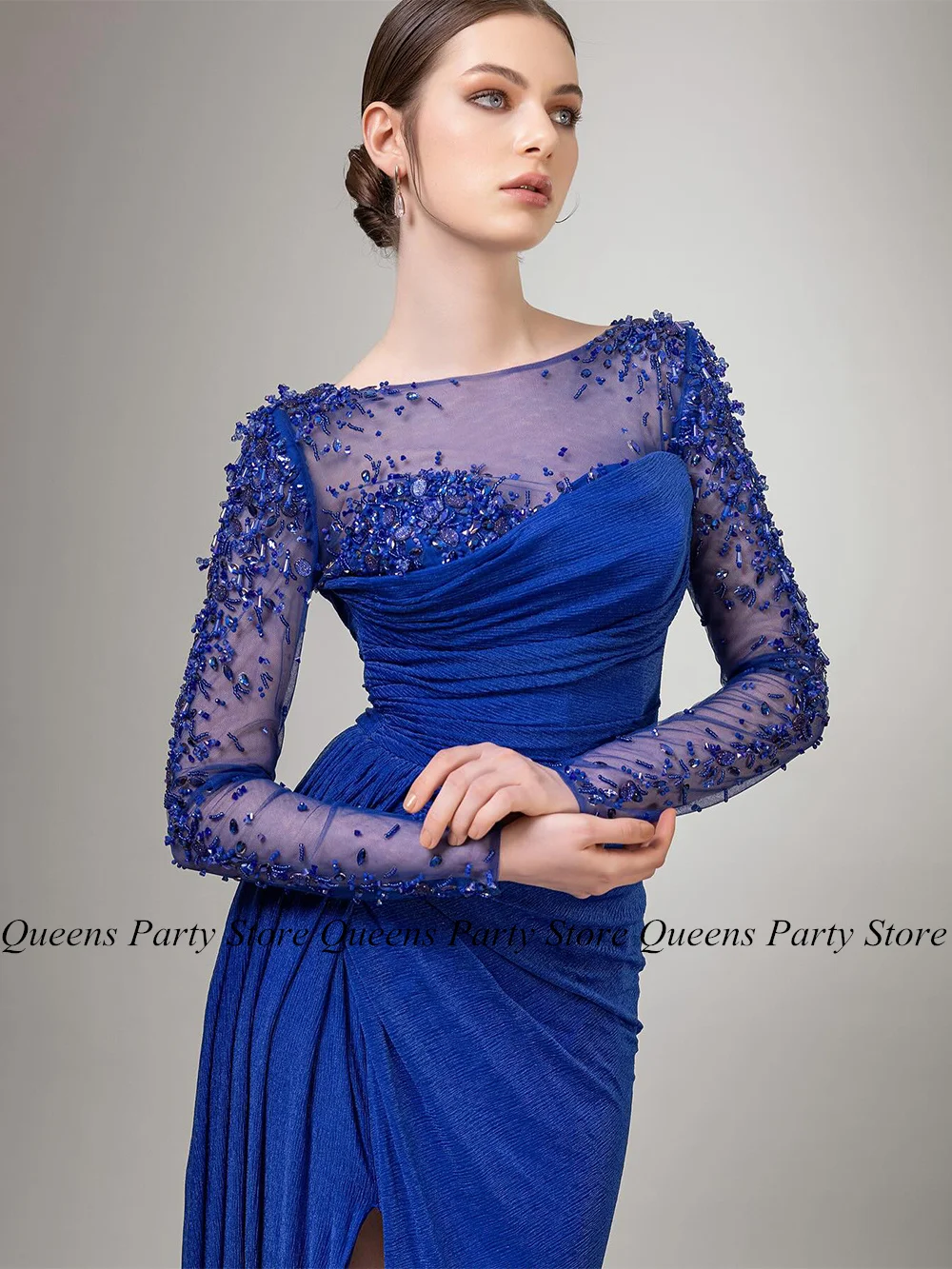 Royal Blue Evening Dress Sheer Scoop Neck Long Sleeves Beading Rhinestone Pleat High Slit Velour Party Gown Formal Prom Dresses