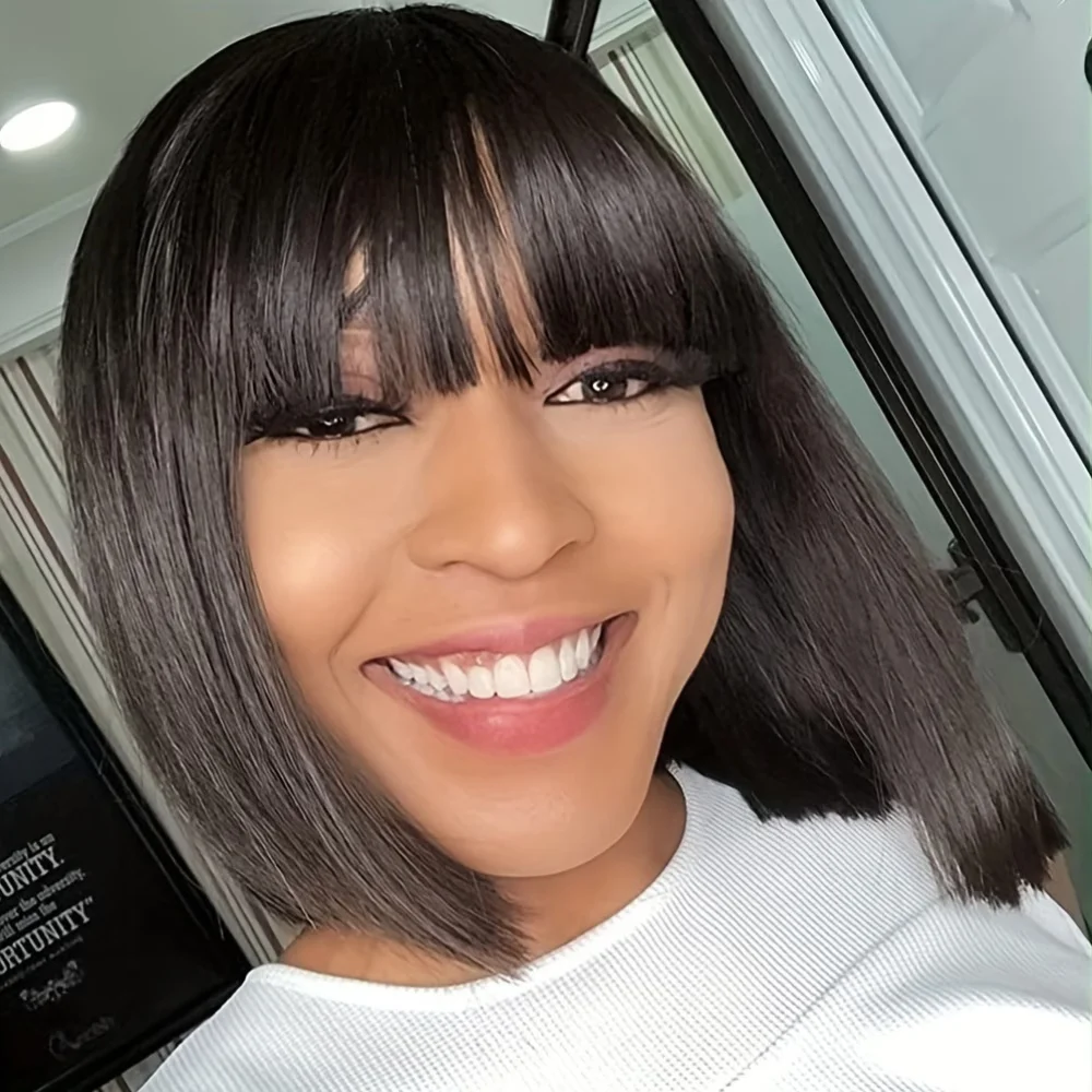 

150% Density Straight Human Hair Bob Wig with Bangs, Fully Machine-Made, Designed for Women