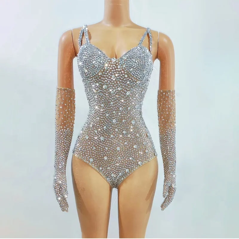 

Stock Full Silver Rhinestones Bodysuit Sexy Leotard Gloves Birthday Prom Outfit Singer Dance Performance Costume