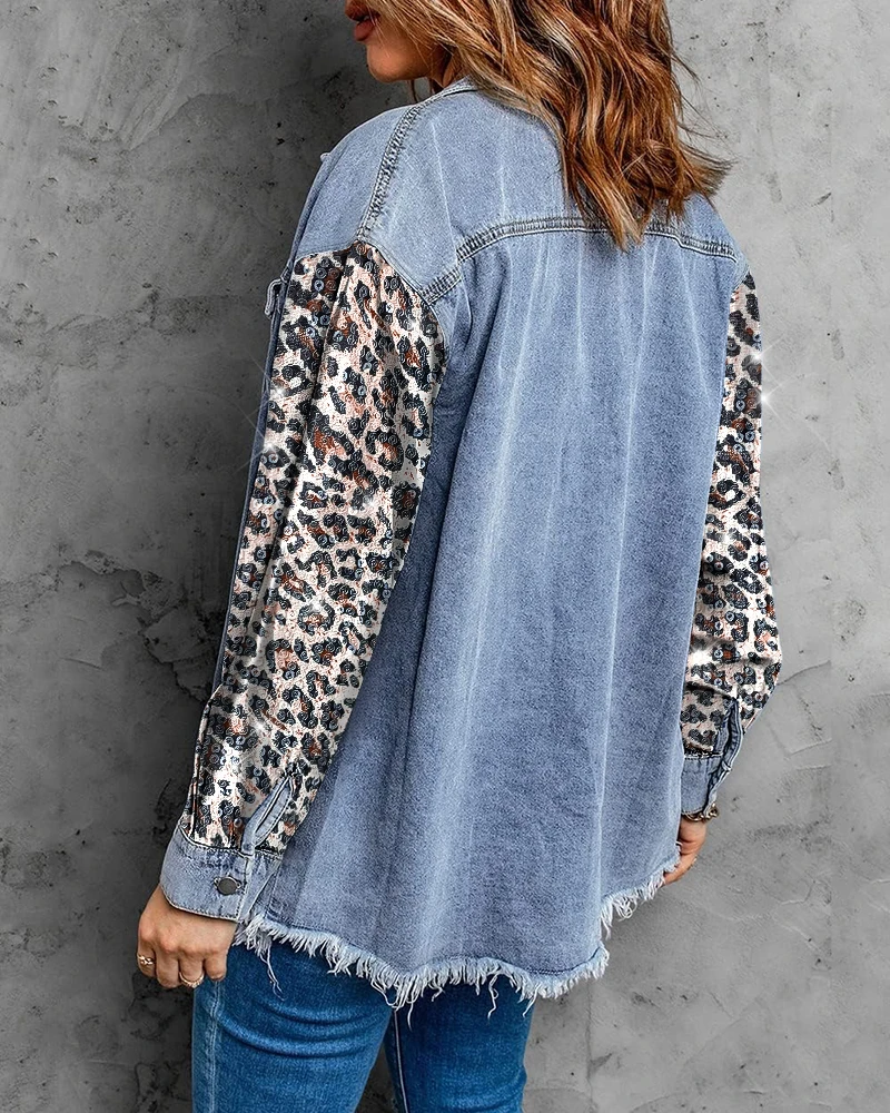 Denim patch leopard print lapel long sleeved front button contrast sequin jacket women's fashionable casual jacket