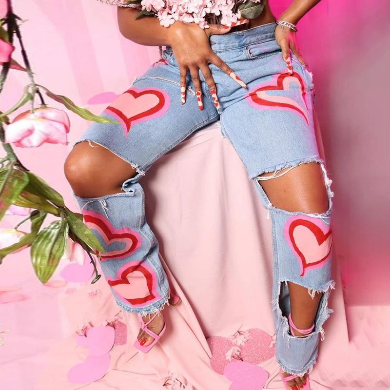 Heart Print Denim Cut Out Distressed Jeans for Women Fashion Baddie Clothes Streetwear High Waist Baggy Pants Blue Y2k Harajuku