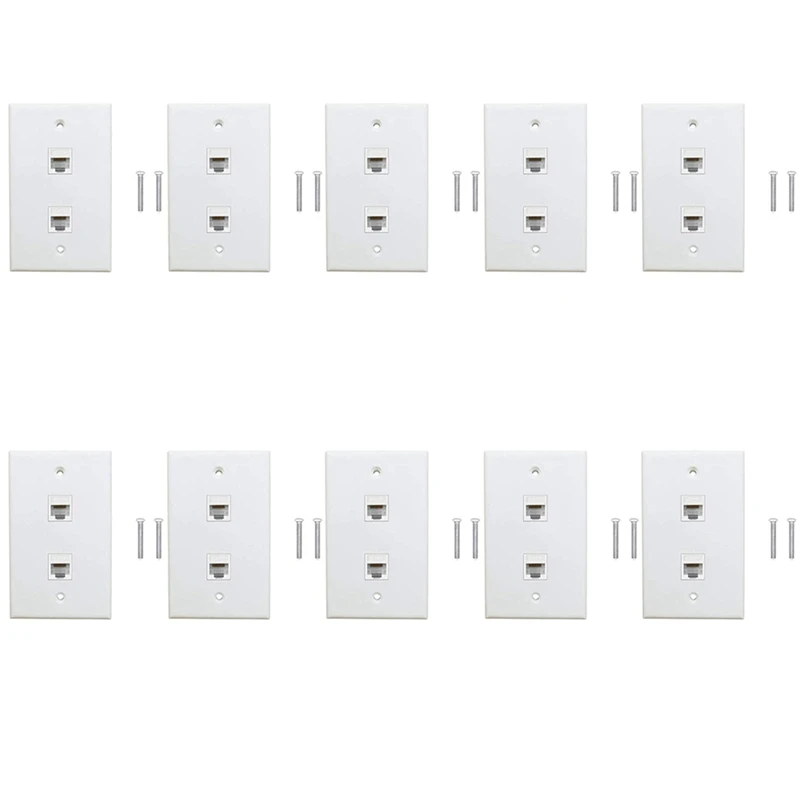 10 Pack 2 Port Ethernet Wall Plate, Cat6 Female To Female Wall Jack RJ45 Keystone Inline Coupler Wall Outlet, White