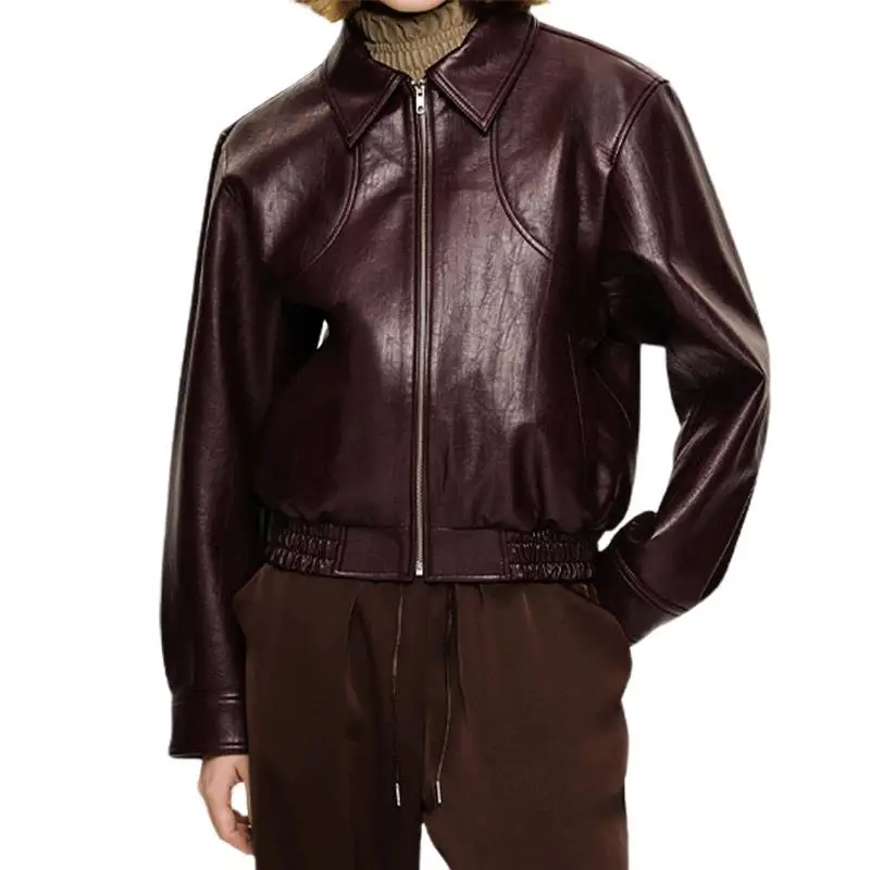 Street Sle Long Sve Rits Leer Jaet Bovenkleding Faionable Commuter Damesjas Pure Kleur PU Materiaal voor Midden-...