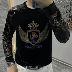 High Quality Rhinestone Animal Eagle Long Sleeved T-shirt Luxury Gold Velvet  Fashion Men Personality Flower Sleeves Hot Diamond