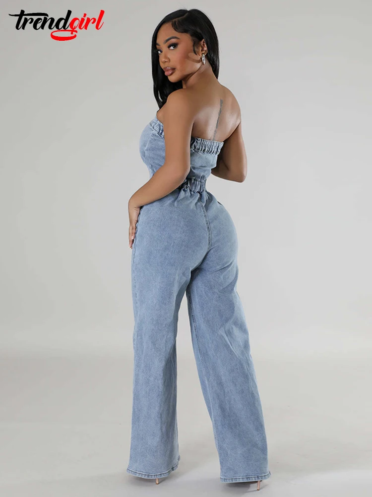 Mlaiscsr Off Shoulder Tube Top Backless Denim Jumpsuits Women Blue Single Breasted Wide Leg One Pieces Romper Jean Overalls