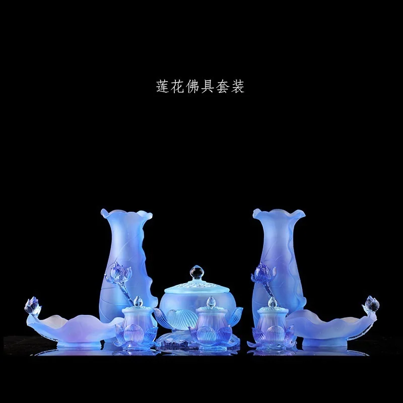 

Coloured glaze Blue Lotus Buddha Set vase offer water purification cup incense burner Buddhist temple worship lotus ornament