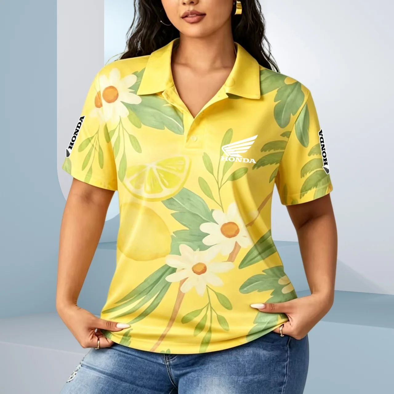 Yellow sunflower print unisex polo shirt plus size short sleeved lapel casual top, suitable for daily wear in summer