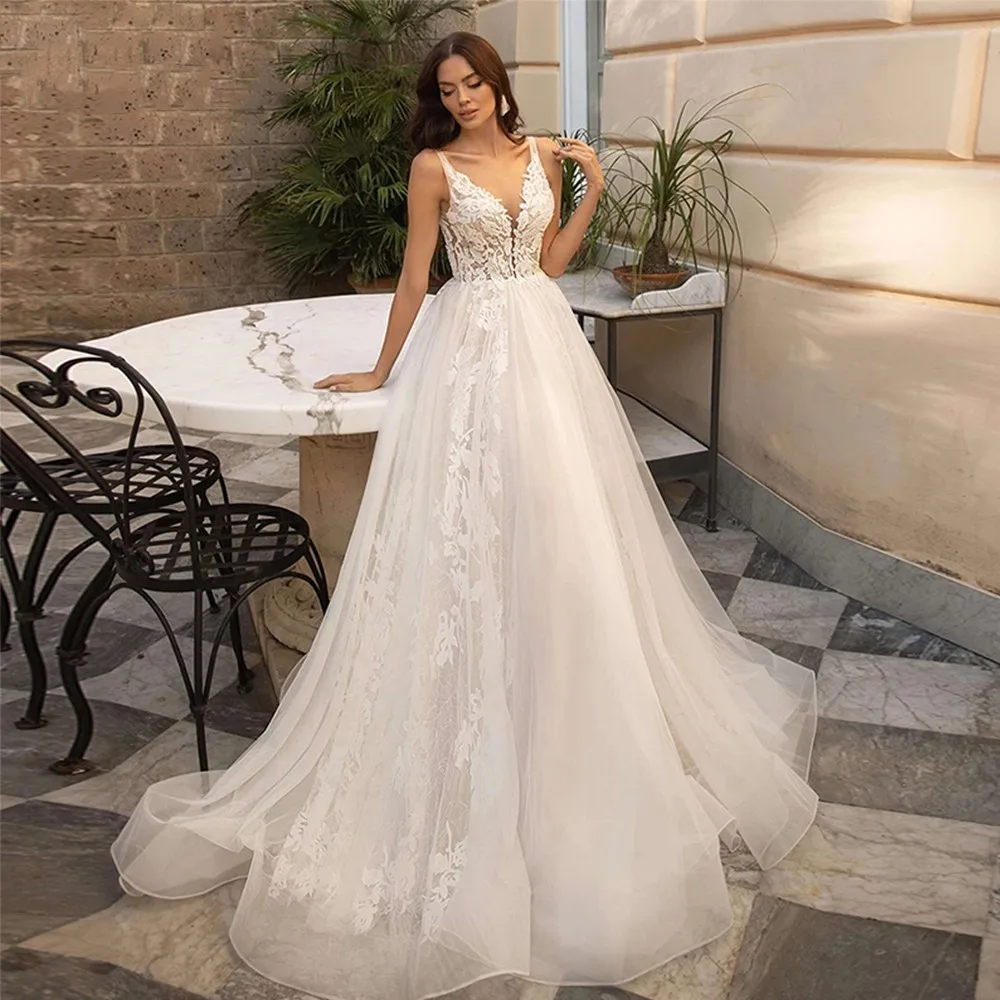 Tule elegante vestido de casamento sem mangas apliques de renda com decote em v vestido de noiva vestido de novia ilusão voltar festa de noiva personalizado