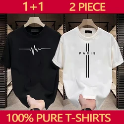 Men's Loose Cotton T-shirt 2025 Trendy Men's Top Spring New Graphic T-shirt 1+1 Casual Men's Clothing Black White T S-4XL