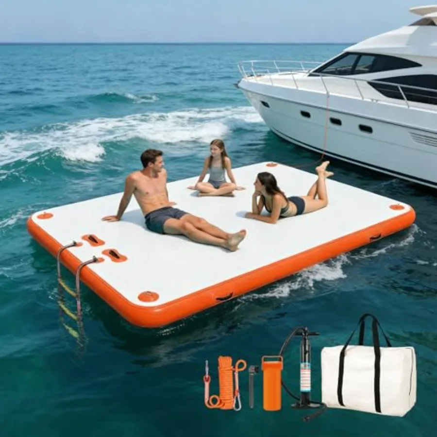 

Inflatable Floating Dock for pool lake river beach ocean use, PVC material, blue, 6-inch thick non-slip surface, available in 5