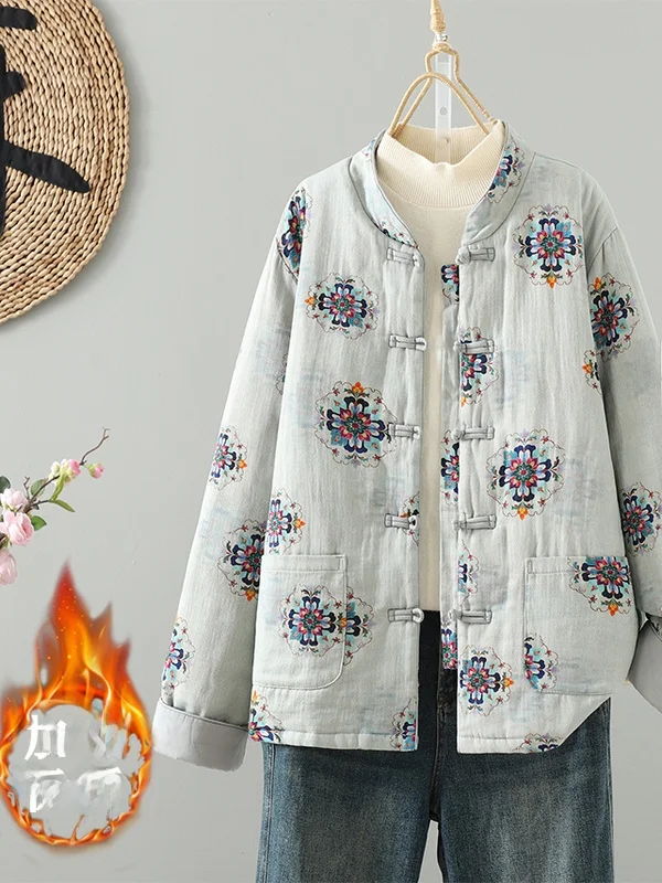 

New Chinese Sle Retro Button Cotton Jaet Thiened Cotton Outerwear Traditional Chinese Sle round Ne Long Sve Coat