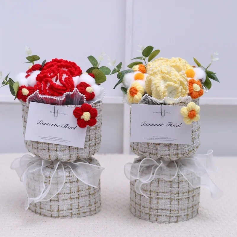 Fleurs artificielles œillets plantes en peluche, Bouquets tricotés au Crochet, cadeaux pour la saint-valentin, anniversaire des mères