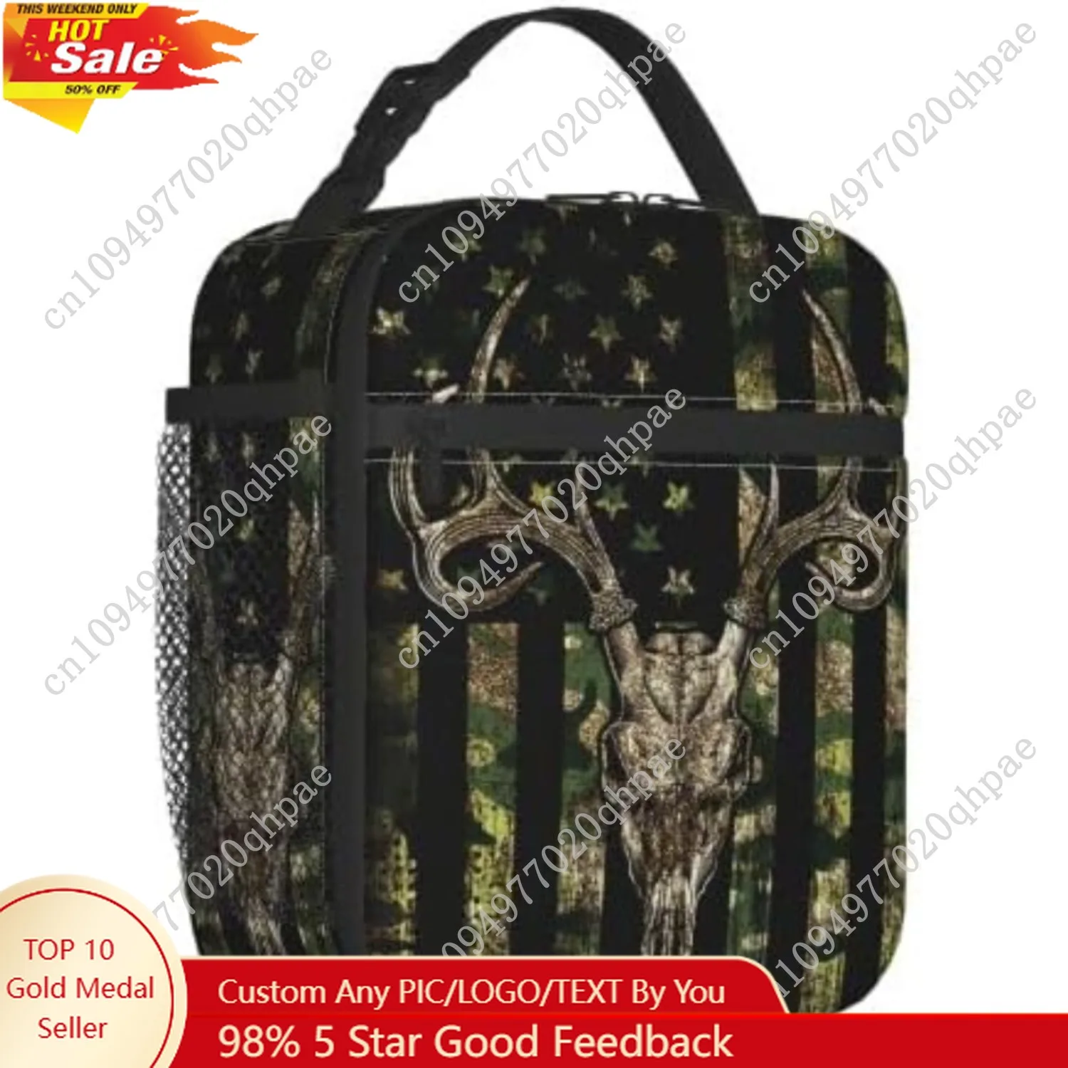 

Hunting Camo Camouflage American Flag Green Black Deer Skull Portable Lunch Bag Insulated Lunch Box Reusable Totes Fo