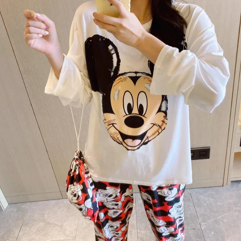 Disney Mickey Mouse pajamas autumn new pure cotton long-sleeved trousers silk pajamas women\'s cartoon loungewear pajamas set