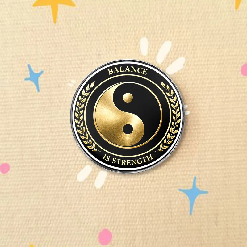 Yin Yang Symbol UV Printing Pin Balance Is Strength Gold Black Taoism Philosophy Design Brooch Bag Lapel Badge Fashion Jewelry