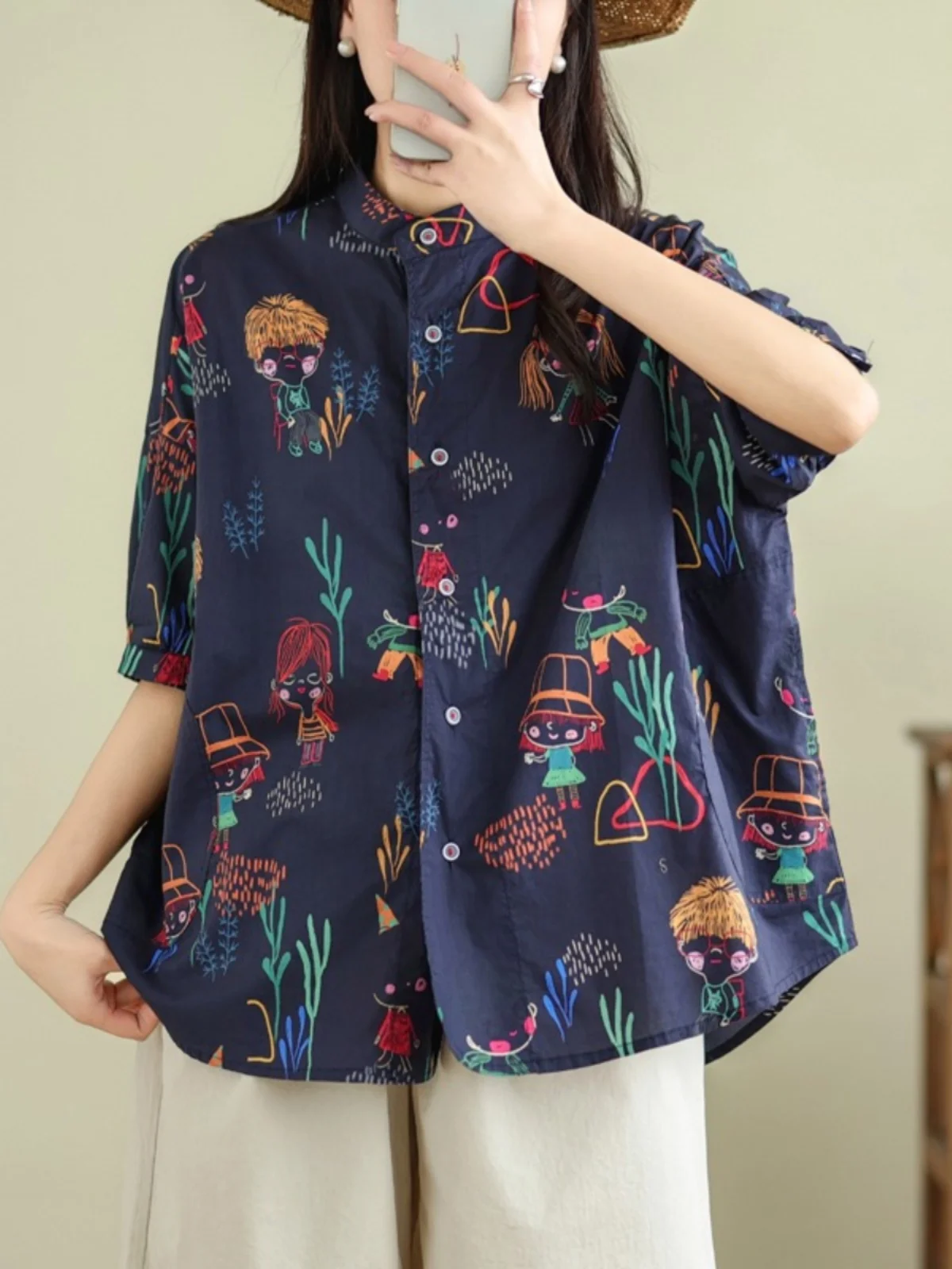 

Summer 2025 Loose Casual Printed Stand Collar ort Sve Women's irt Japanese Artistic Fre Sle New Arrival