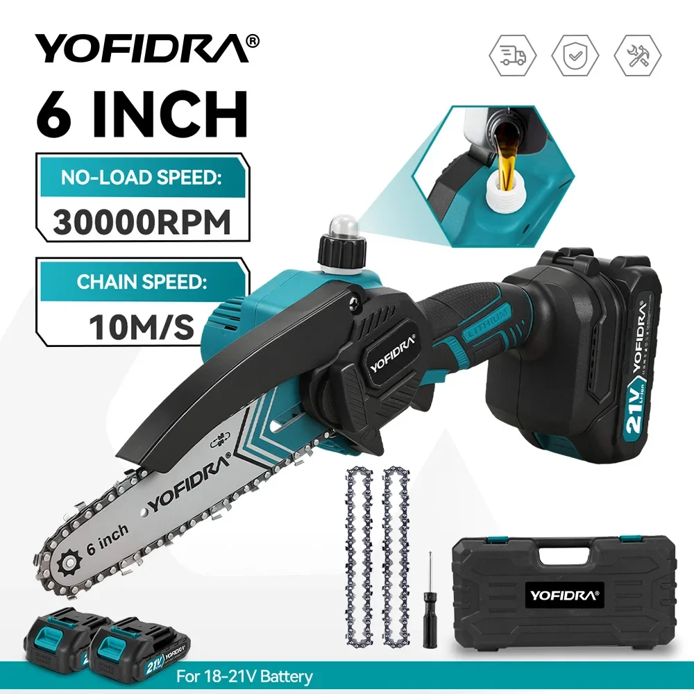 YOFIDRA-sierra de cadena de 6 pulgadas, sierra eléctrica inalámbrica para carpintería, corte de jardín, herramienta eléctrica de motosierra para Pin de batería Makita de 21V