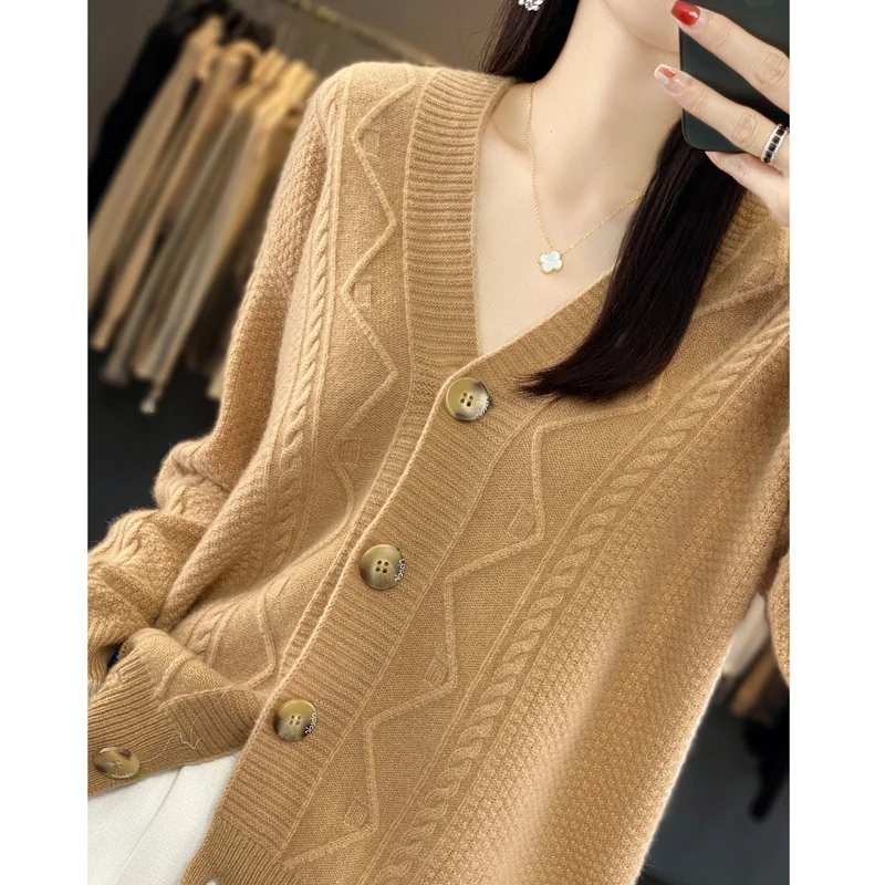 2024 herbst/Winter frauen Lose Dicke Strickjacke V-ausschnitt 100% Wolle Pullover Vielseitig Mantel Einfarbig Langarm Gestrickte Pullover