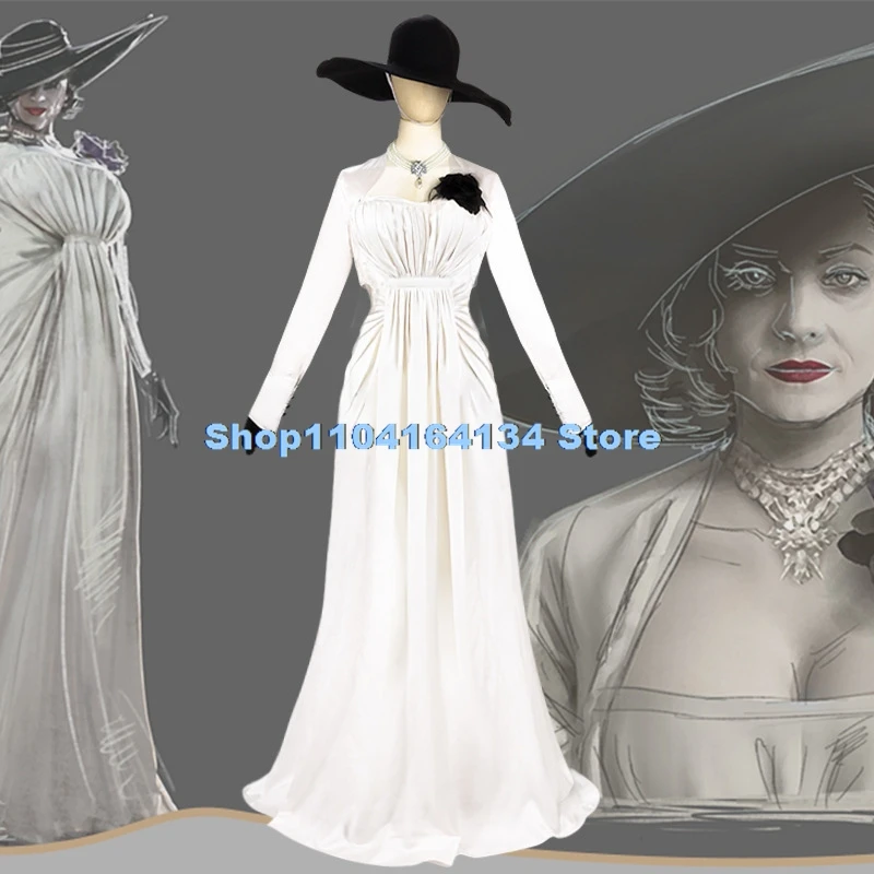 Lady Dimitrescu Cosplay Costume Chatelain Alcina Biohazard Comtesse Sexy Halloween Party Lady Vampire White Dress Hat disfraz