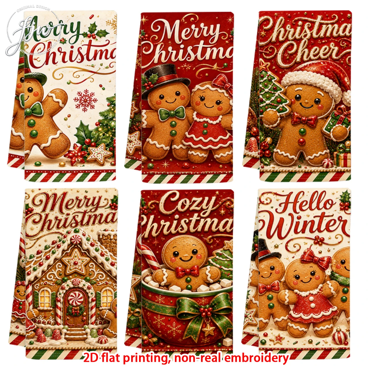 6pcs Christmas Gingerbread Theme Kitchen Towels Vintage Xmas Holiday Decorative Dish Towels for Winter Cooking Baking