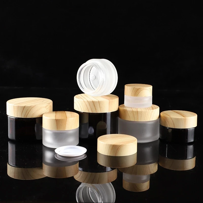 

5 10 15 30 50g Skin Care Eye Cream Jar Frosted Glass Pot Refillable Bottle Cosmetic Container With Wood Grain Lid