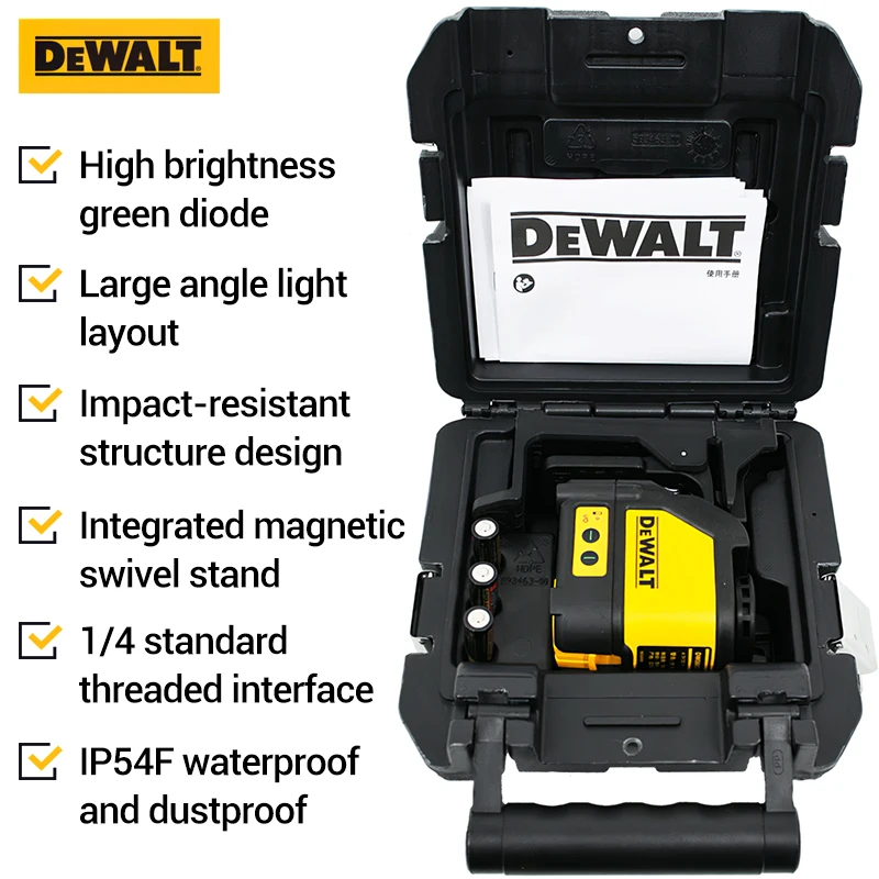 DEWALT DW088CG Two Lines Laser Level Strong Green Light Cross High Precision Horizontal Vertical Laser Level Dotting Instrument