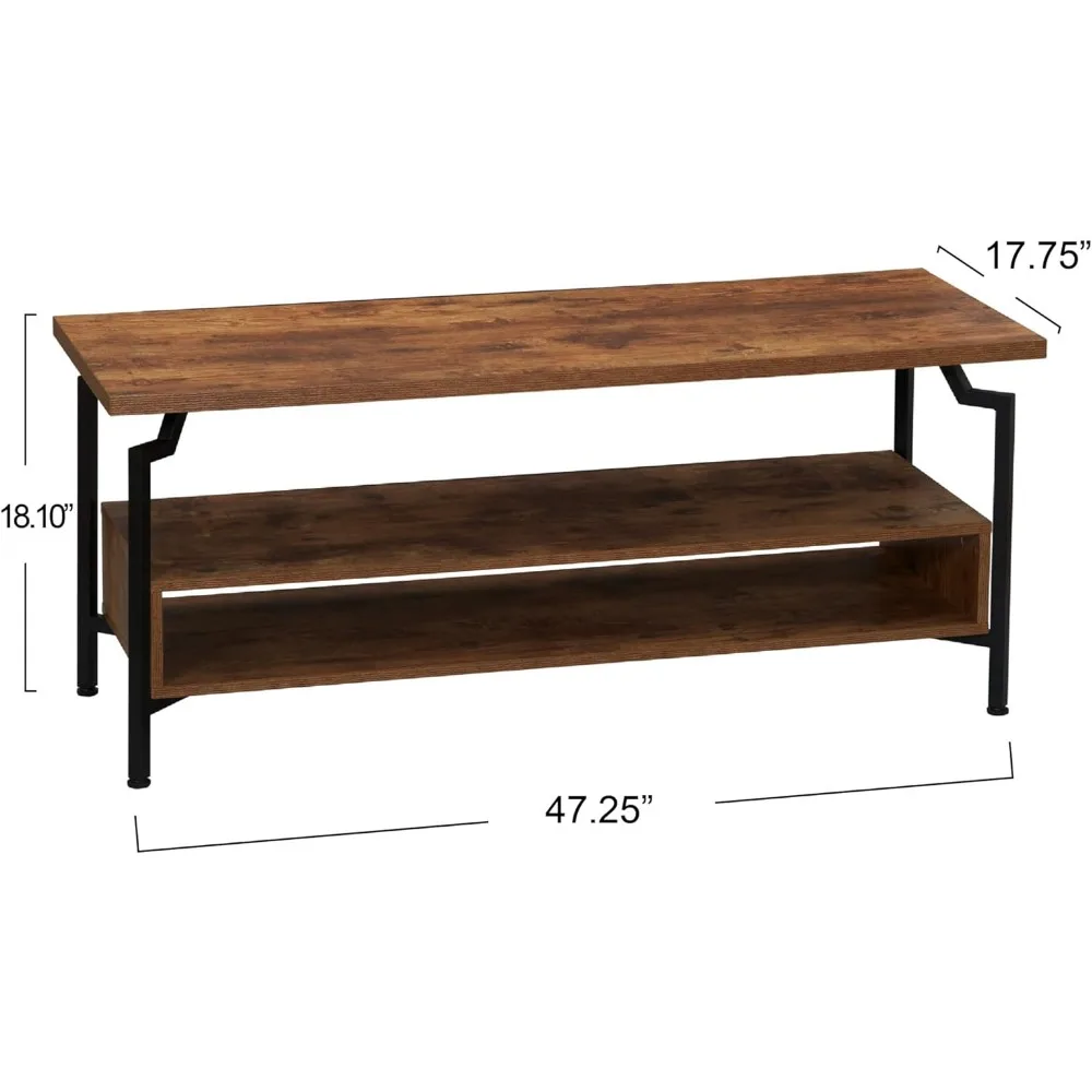Crown TV Stand with Rectangular Storage Compartment Rustic Hickory Wood Grain and Black Metal