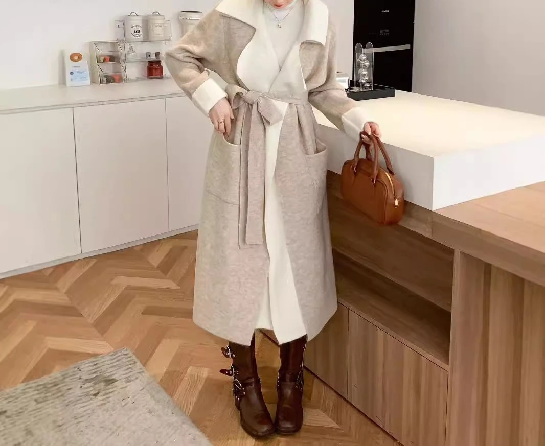 Autumn and Winter New Loose Color Contrasting Fake Two Medium To Long Knitted Sweater Jackets for Women's Qualities