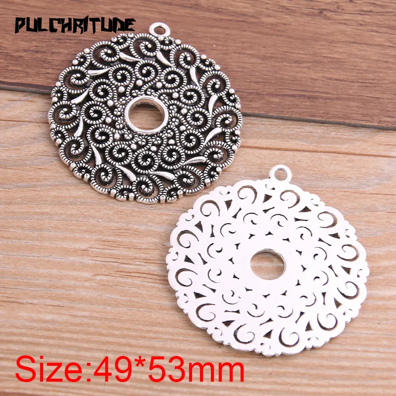 2Pcs 49*53mm Two Color Plated Big Round Hollow Pattern Pendants Making DIY Handmade Tibetan Silver color Finding Jewelry