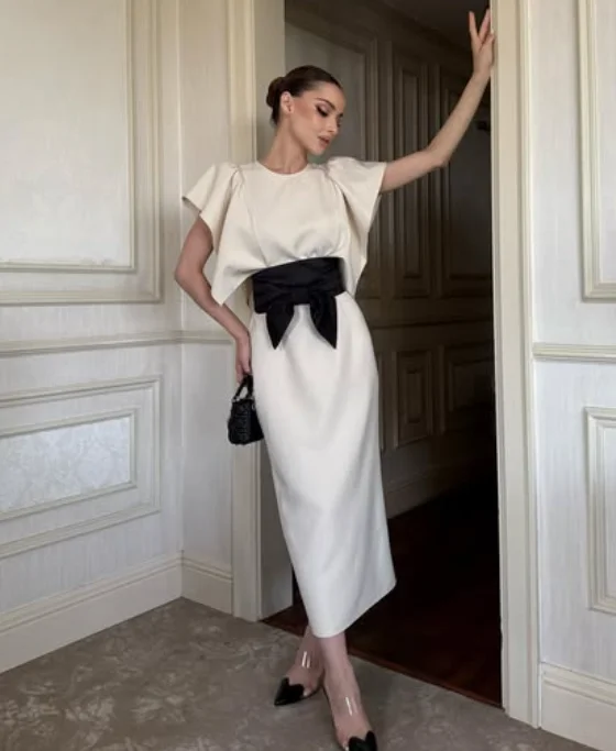 High Quality Customized O-neck Ankle Length Bow Color Contrast Short Sleeves Платье Корейский Стиль Kate Middleton Dress Dresses view 3