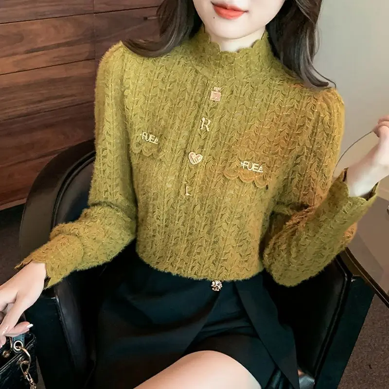 Women\'s Clothing Lace Half High Collar Blouse Stylish Hollow Out Autumn Winter Long Sleeve All-match Chic Letter Beading Shirt