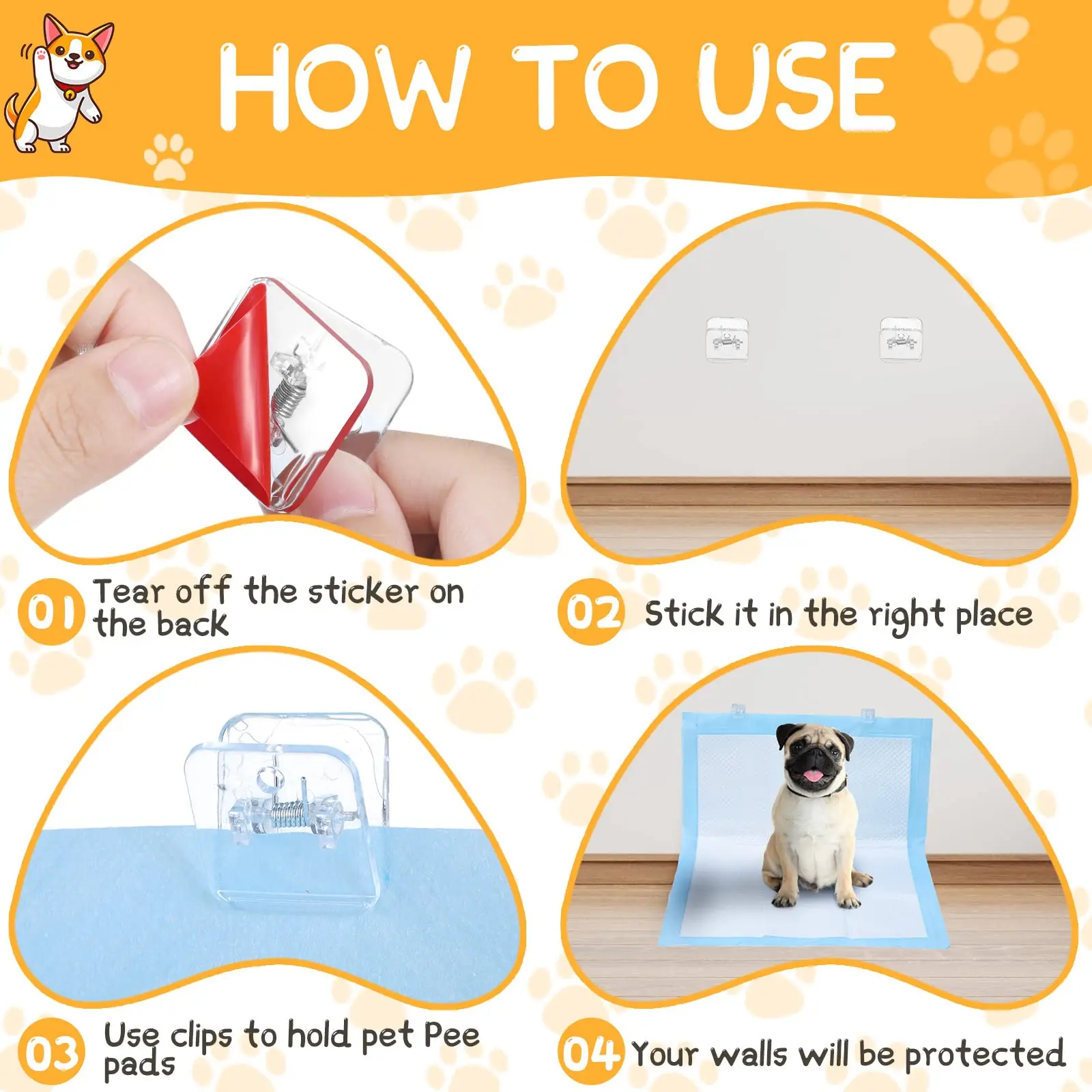 Clear Dog Potty Training Pad Holder, Clipes de parede, Invisível, Pee Pad, Pegajoso, Cachorro, 6 Pcs, 3Pcs