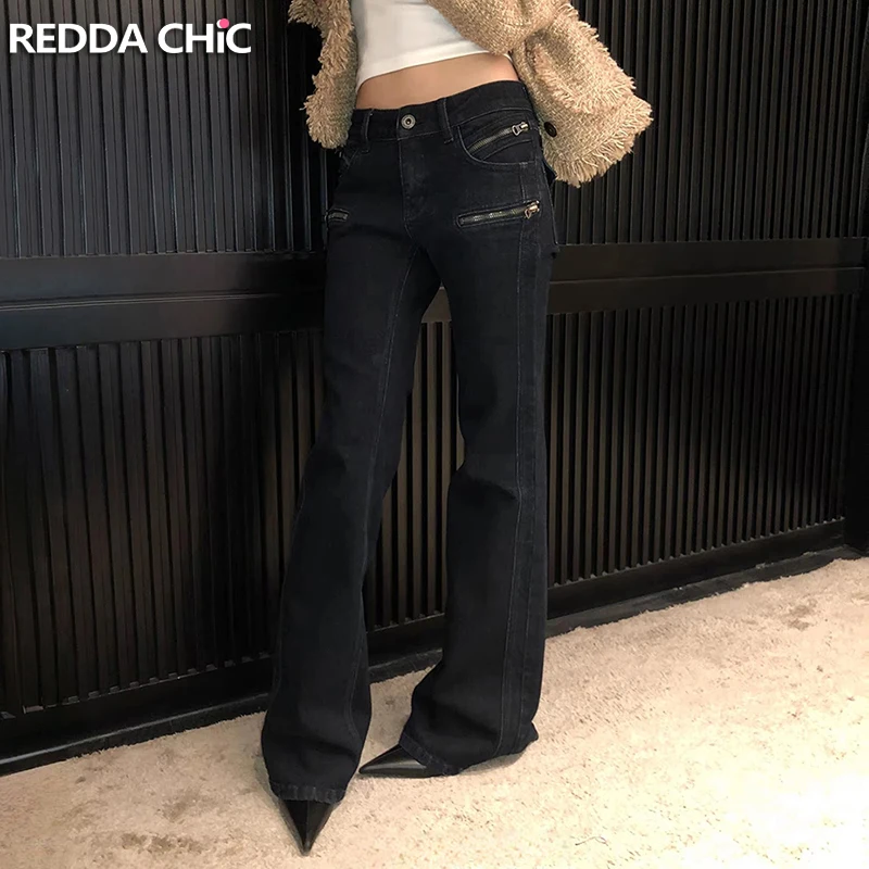 

Женские джинсы ReddaChic с низкой посадкой, расклешенные, в стиле Y2K, с карманами на молнии, эластичные, облегающие, из денима, в ретро-уличном стиле, для повседневной носки