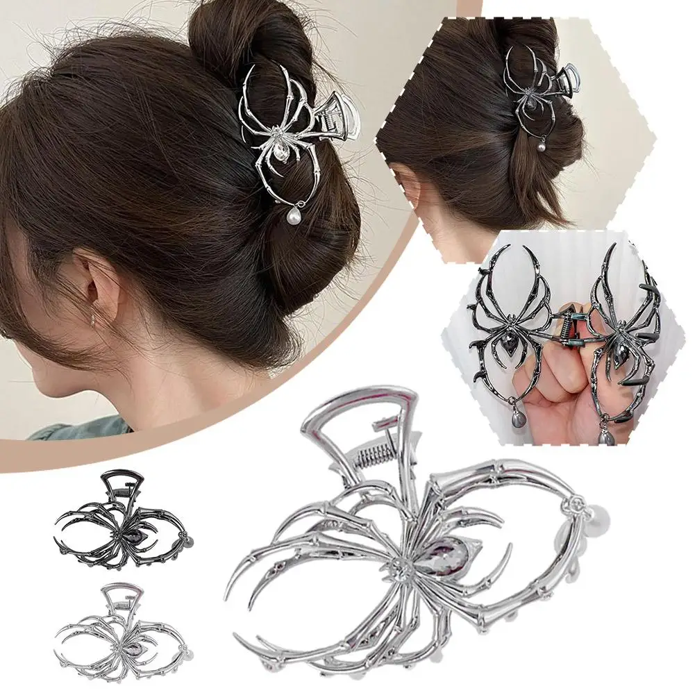 Horquilla en forma de araña para mujer, pinza para el pelo de araña plateada grande, Clip de tiburón Updo de Metal a la moda, diadema de Halloween, accesorios X5B3