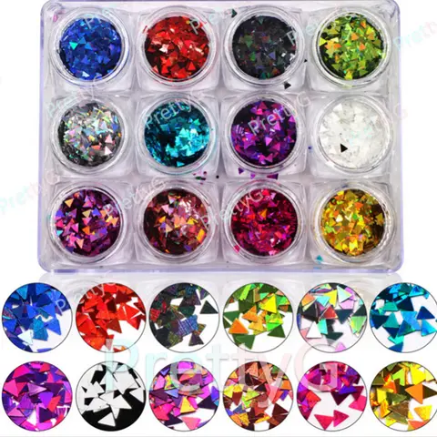 PrettyG 1 Set 12Color Box 3mm Triangle Sequins Glitter Shape Holographic Mixes Color Glitter For Resin DIY Nail Art Decoration