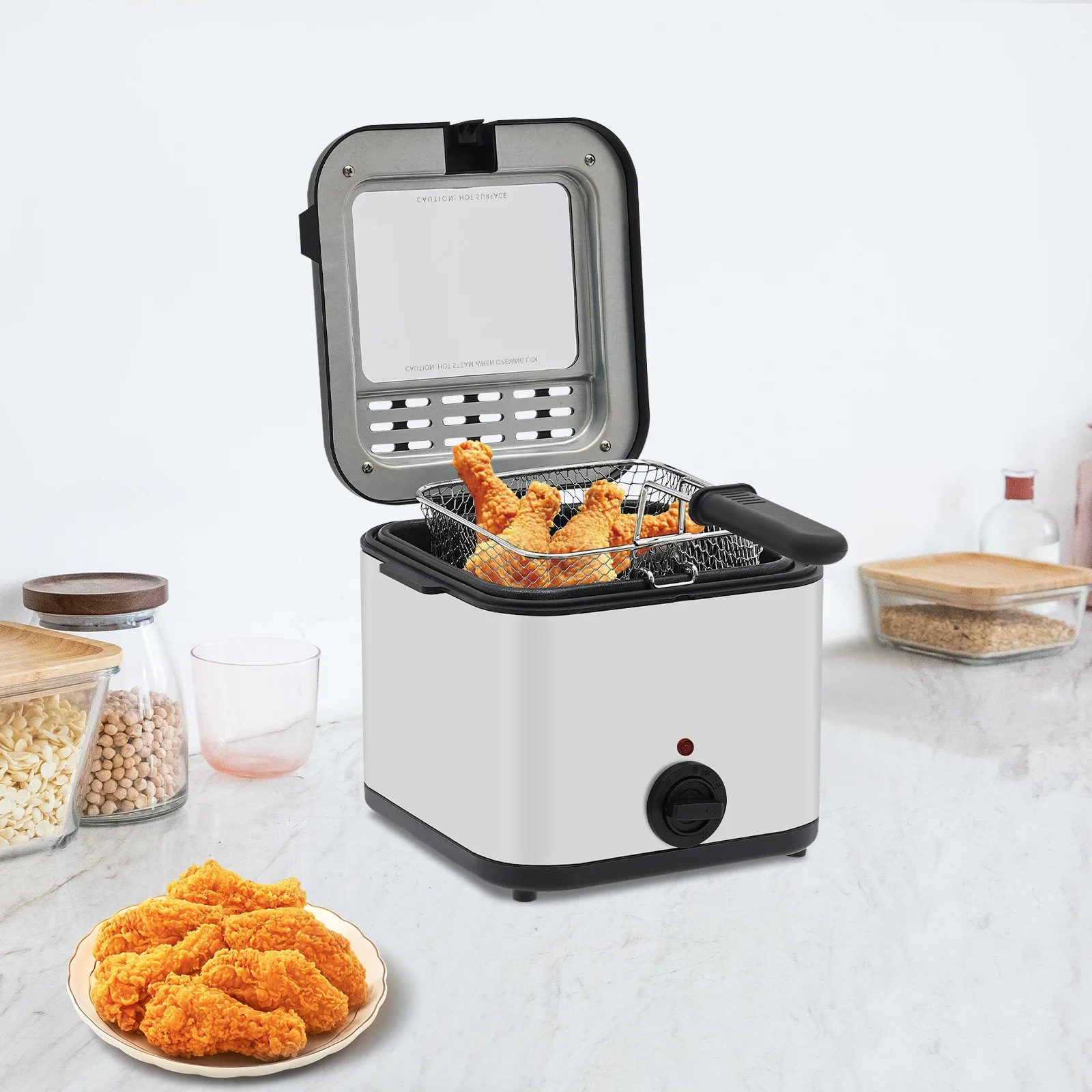 Home Electric Deep Fryer Stainless Steel Countertop Deep Frying Machine 1000W Fast Heat 2.64QT Adjustable Temp 176-374℉ Triple Cool Touch Insulation Visible Vent Lid Detachable Anti-Scald Basket Anti-Slip Mat For French Fries Fried Chicken Onion Rings