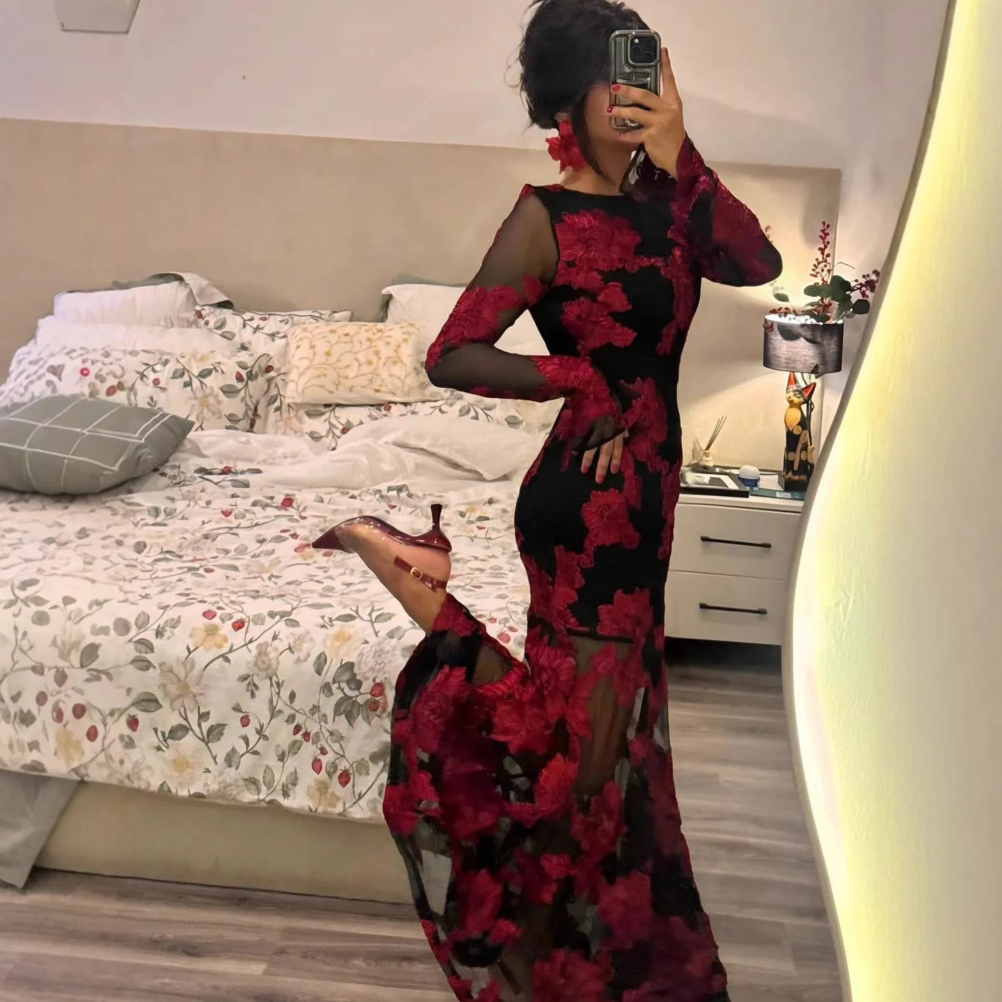 DSMTRC Frauen Lange Flare Hülse Sexy Party Kleider Luxus Gestickte Blumen Mech Patchwork Sheer Elegante Mantel Meerjungfrau Vestidos